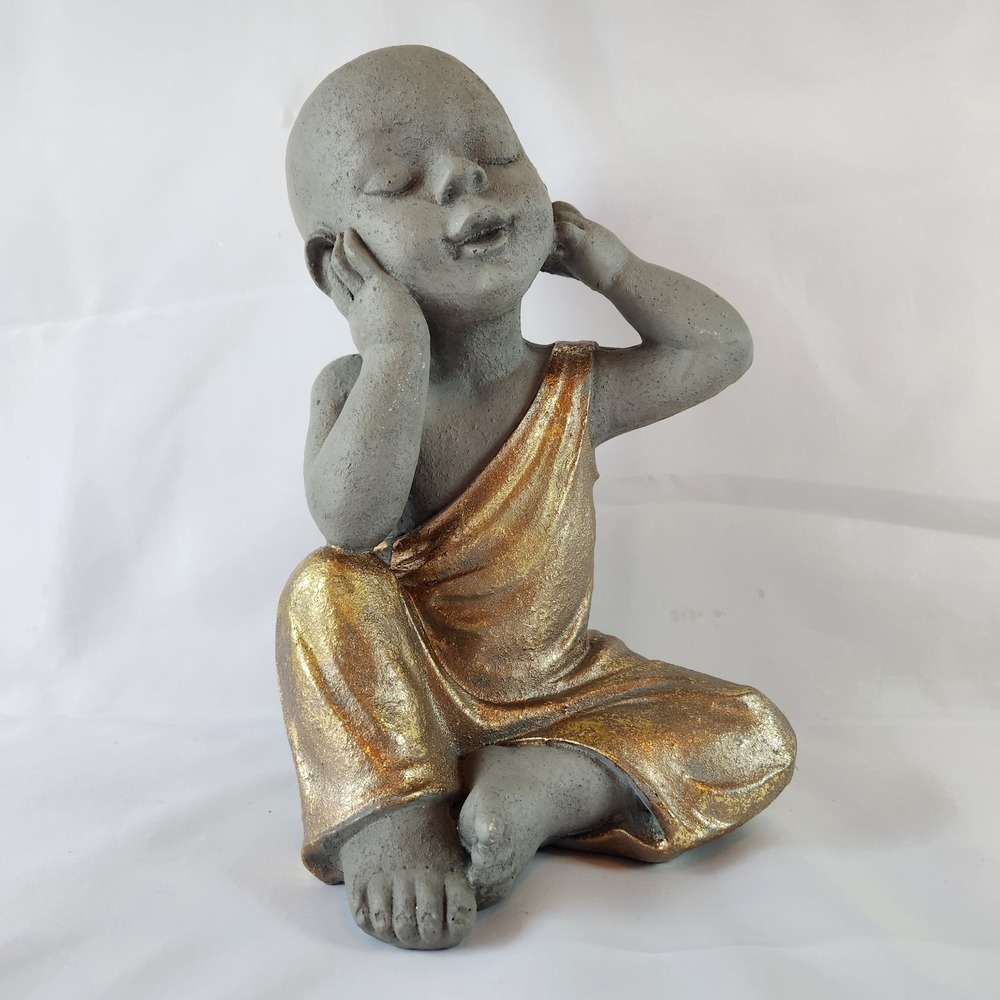 Sagebrook Home 12" No Hear Baby Monk Statue Gray Gold Resin Buddha Figurine Zen